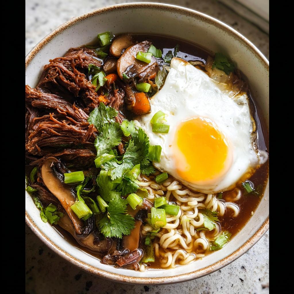 A delicious bowl of Slow Cooker Beef Ramen Noodles topped with shredded beef, mushrooms, green onions, cilantro, and a fried egg.