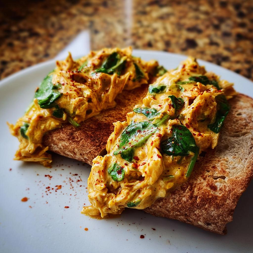 A close-up of Spicy Buffalo Chicken Wraps for Two, showing shredded chicken in a creamy sauce with spinach on toasted bread, sprinkled with red pepper flakes.