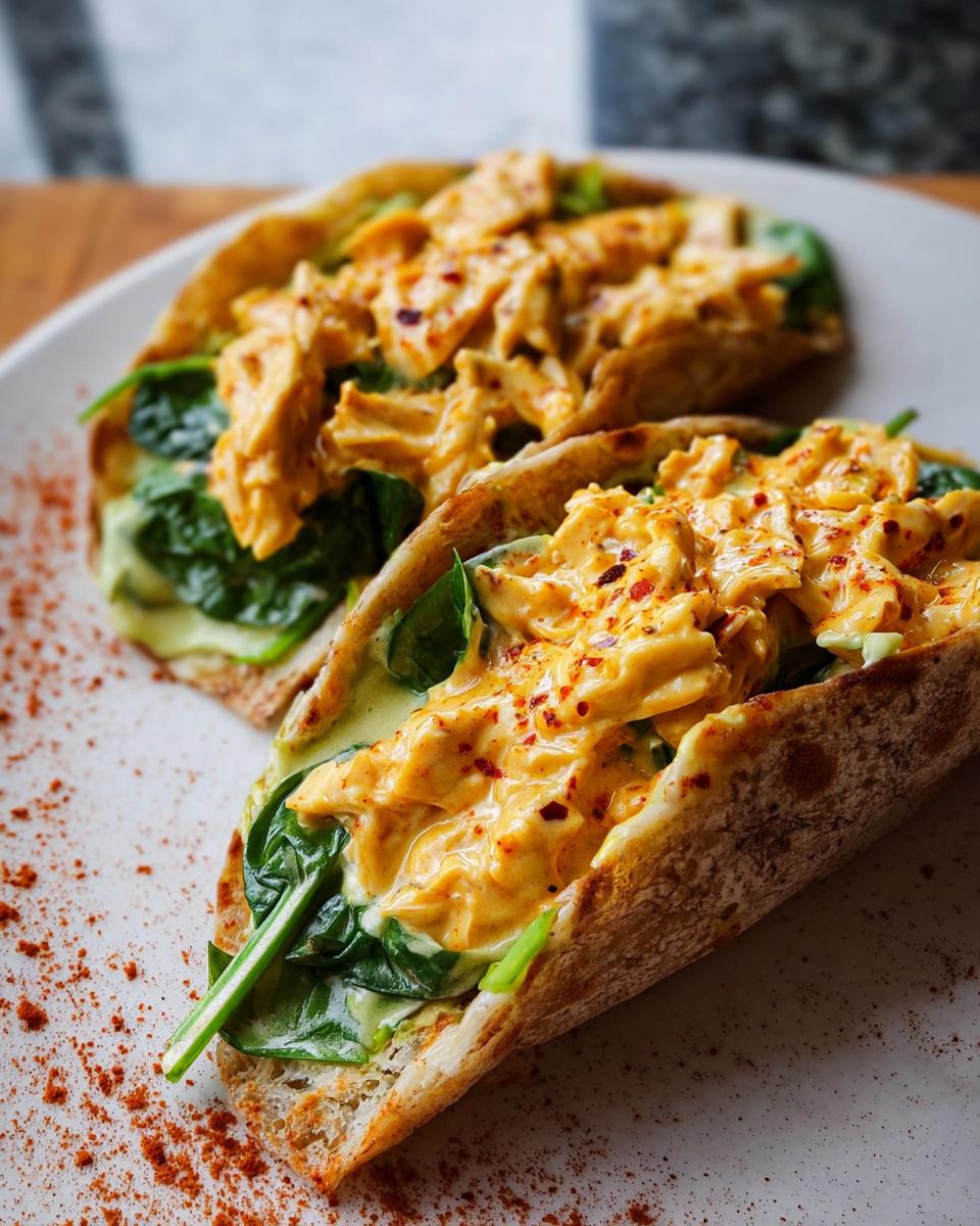 Two delicious Spicy Buffalo Chicken Wraps filled with chicken, spinach, and a creamy sauce, sprinkled with chili flakes.