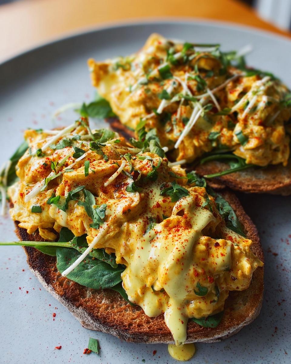 Two slices of toast topped with shredded chicken in a spicy buffalo sauce, spinach, and fresh herbs, part of Spicy Buffalo Chicken Wraps for Two.