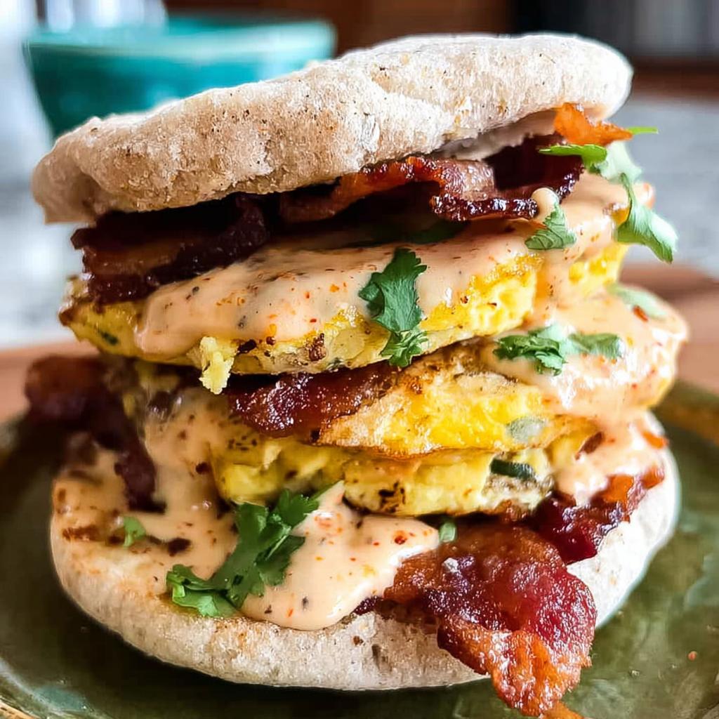 A tall, stacked Spicy Chipotle Egg Breakfast Sandwich with crispy bacon, fluffy eggs, and a creamy chipotle sauce.