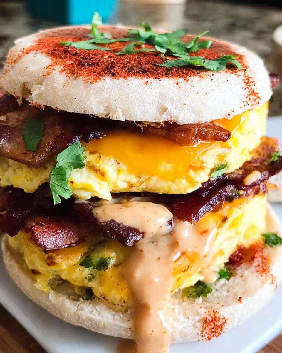 A close-up of a stacked Spicy Chipotle Egg Breakfast Sandwich with bacon, cheese, and a drizzle of sauce.