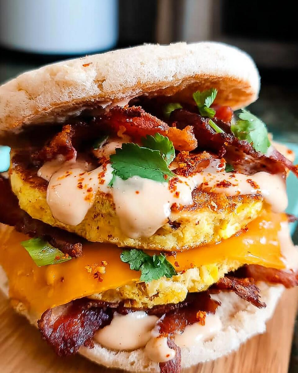 A close-up of a delicious Spicy Chipotle Egg Breakfast Sandwich with crispy bacon, melted cheese, and a creamy sauce.
