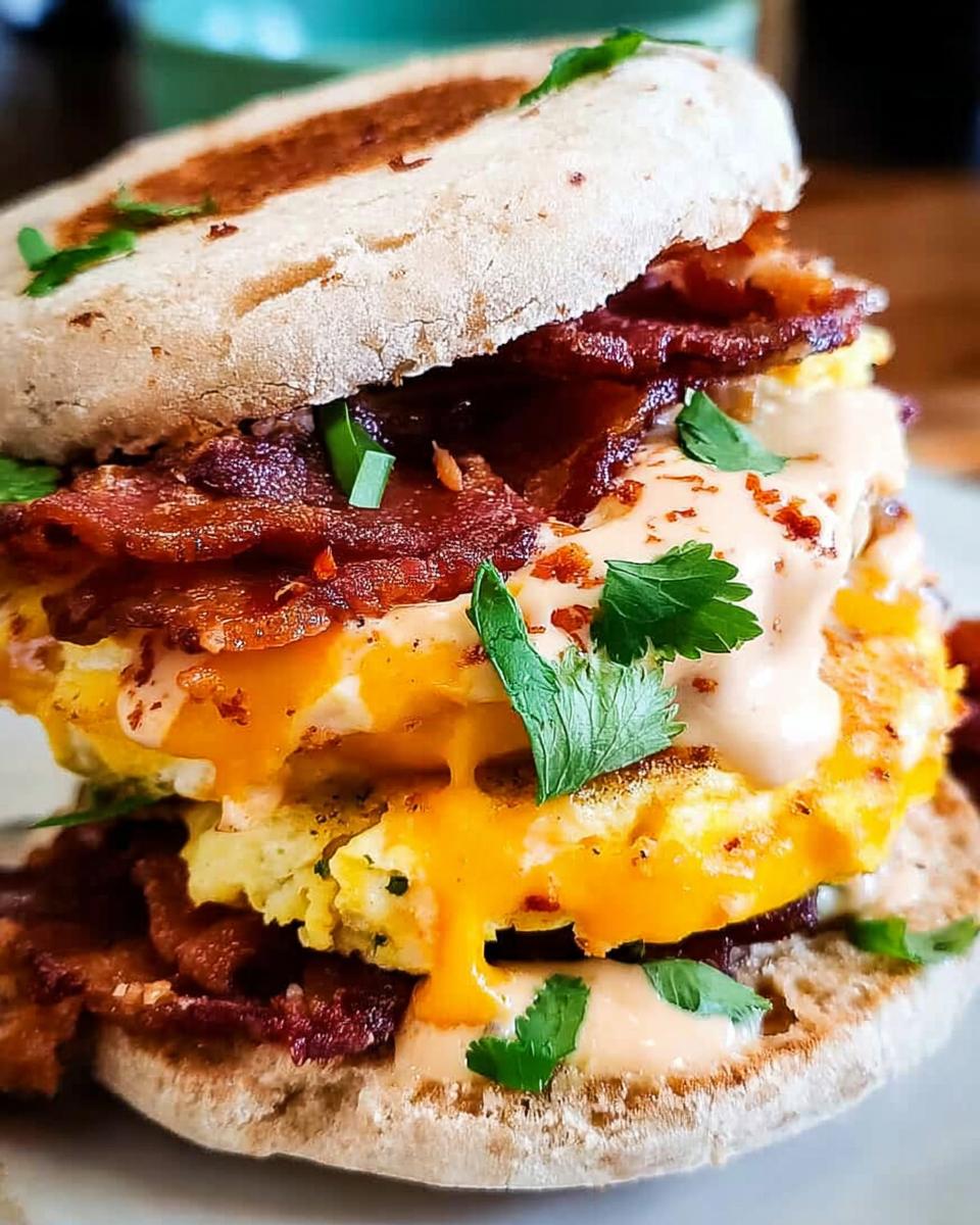 A close-up of a stacked Spicy Chipotle Egg Breakfast Sandwich with crispy bacon, melted cheese, and a creamy sauce.