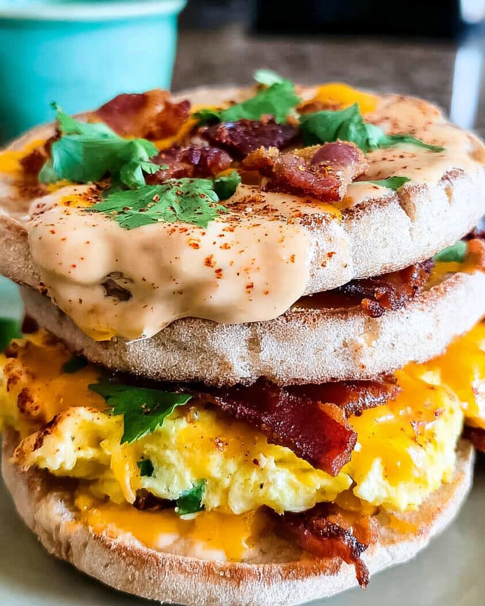 Close-up of a stacked Spicy Chipotle Egg Breakfast Sandwich with bacon, melted cheese, and cilantro.