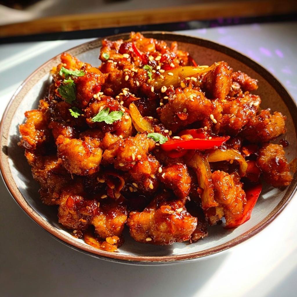 A bowl of Spicy Dragon Chicken, coated in a glossy sauce with red chili peppers and sesame seeds.