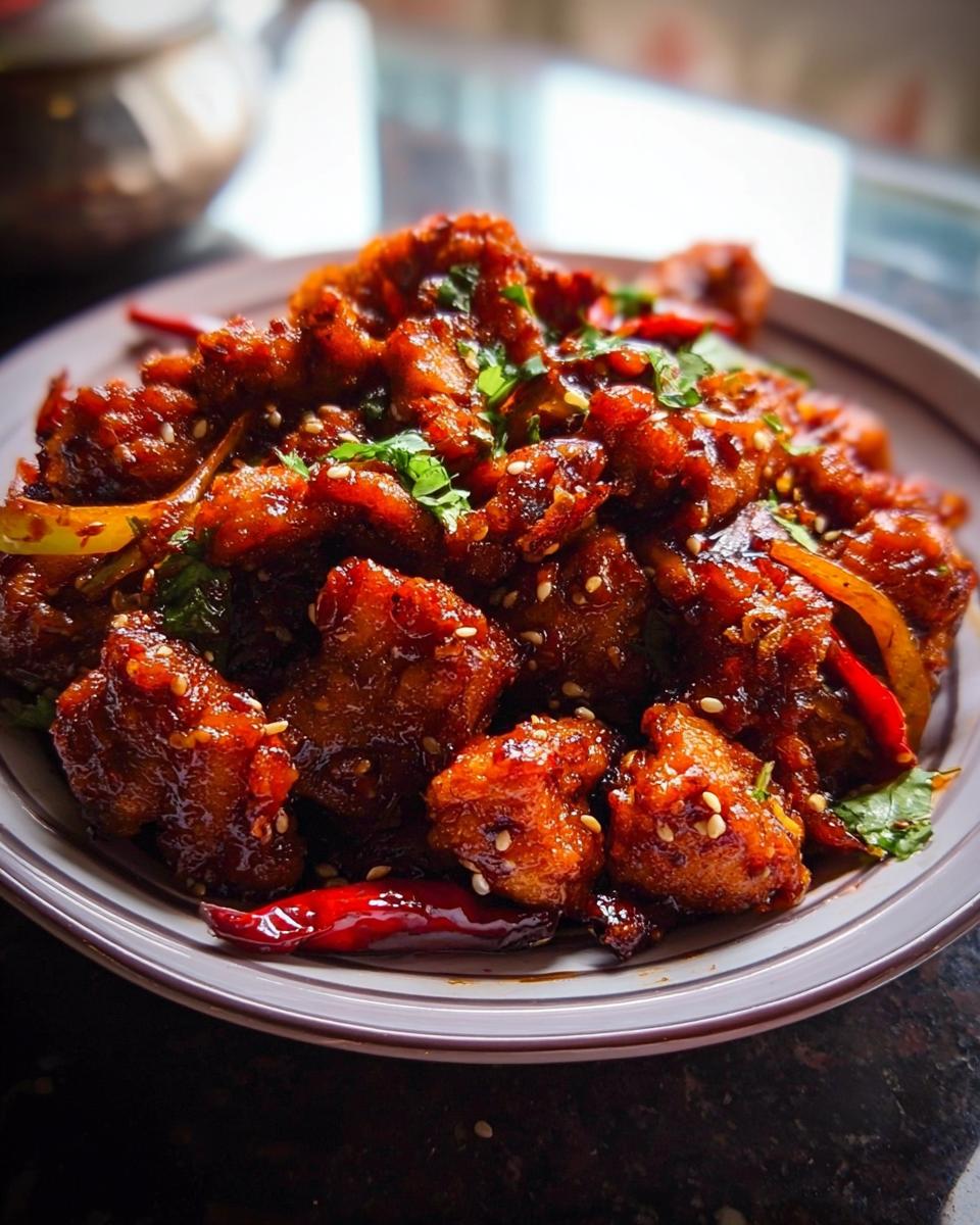 A close-up of Spicy Dragon Chicken, featuring crispy fried chicken pieces coated in a glossy, spicy sauce, garnished with sesame seeds and chili peppers.