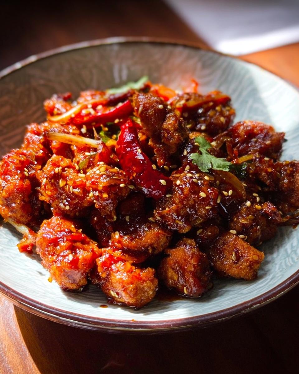 A close-up of Spicy Dragon Chicken, coated in a glossy sauce with dried chilies and sesame seeds.