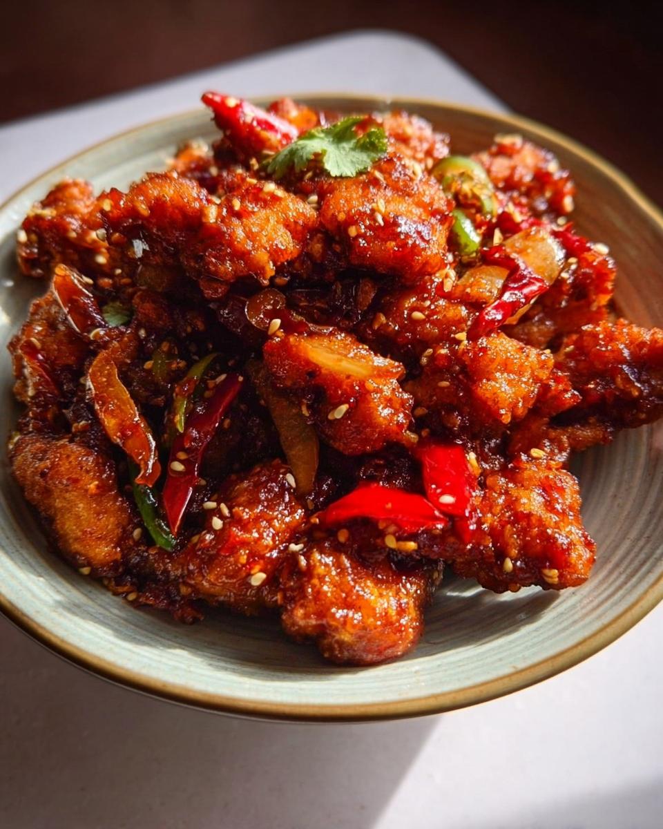 Close-up of Spicy Dragon Chicken, a vibrant Indo-Chinese dish with crispy fried chicken pieces coated in a glossy, spicy sauce, garnished with sesame seeds and chilies.