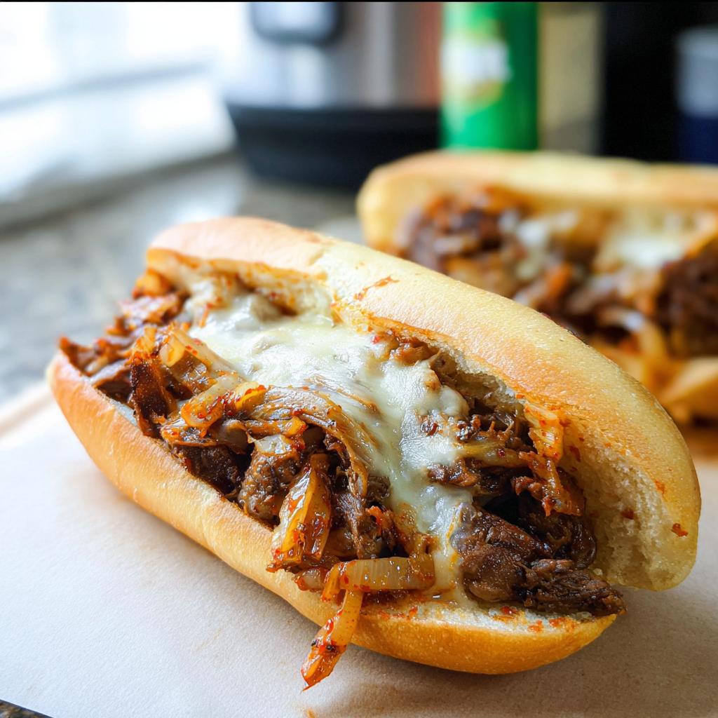 A close-up of a delicious Spicy Kimchi Bulgogi Cheesesteak sandwich, overflowing with tender meat, onions, and melted cheese.