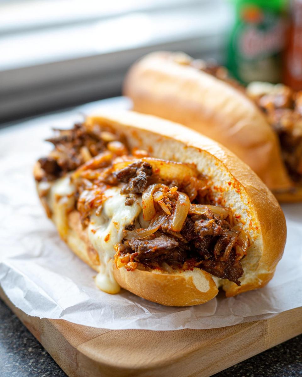 A close-up of a Spicy Kimchi Bulgogi Cheesesteak sandwich overflowing with tender bulgogi beef, melted cheese, and kimchi.