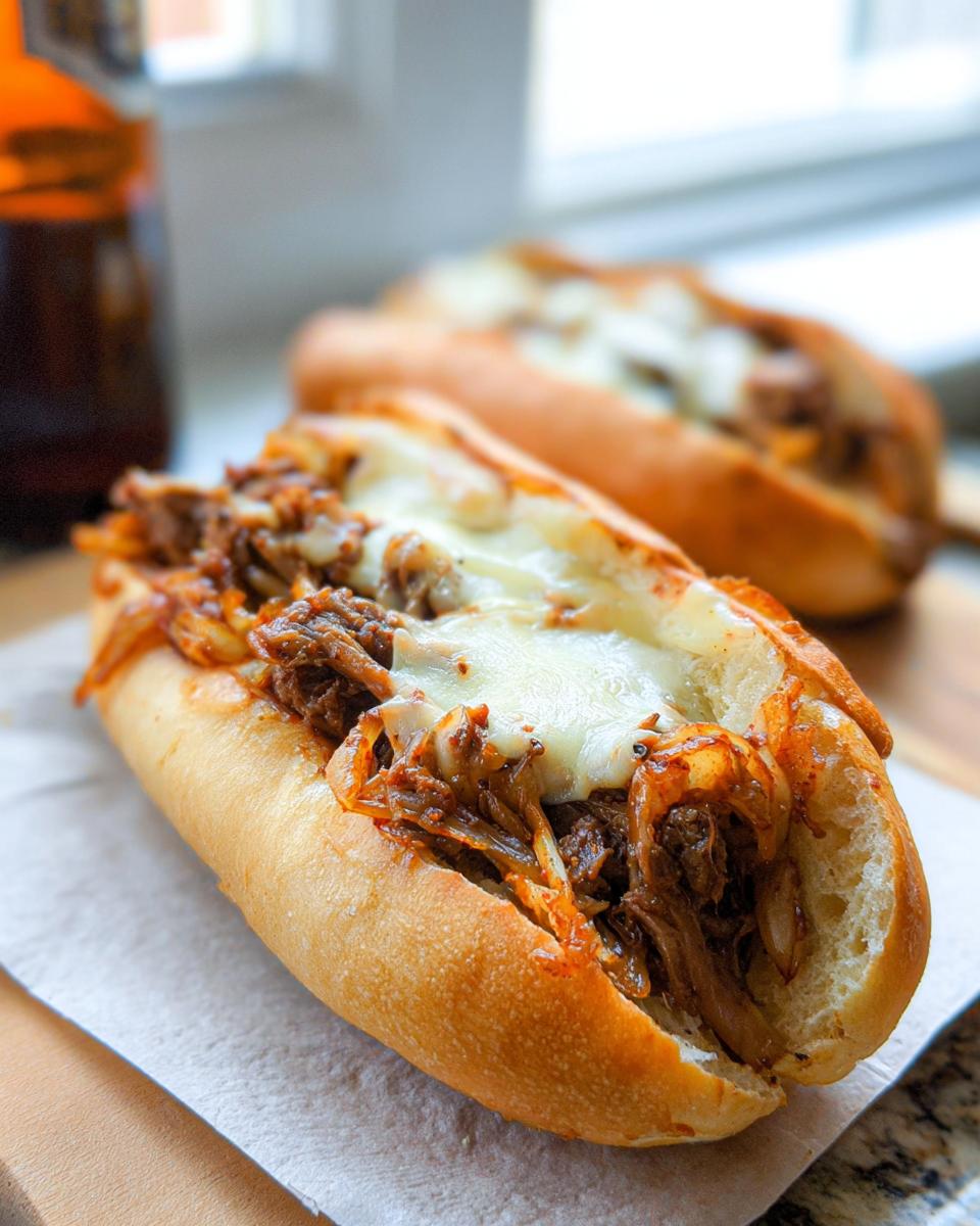 Close-up of a delicious Spicy Kimchi Bulgogi Cheesesteak sandwich on a bun, filled with meat and melted cheese.