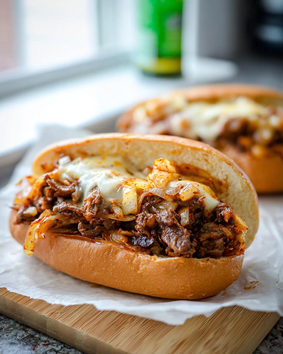 Close-up of a Spicy Kimchi Bulgogi Cheesesteak sandwich overflowing with meat, kimchi, onions, and melted cheese.