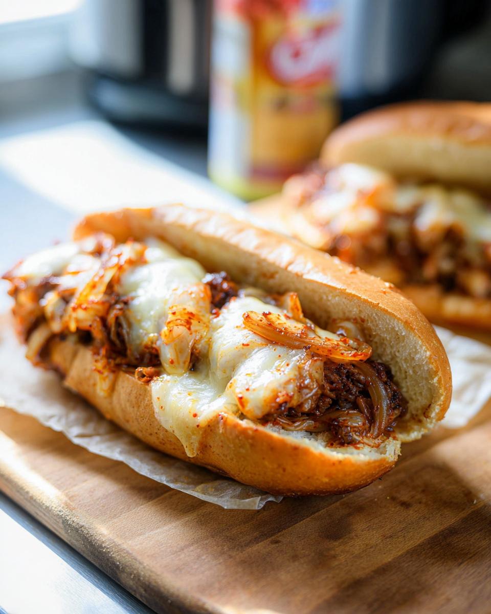 A close-up of a Spicy Kimchi Bulgogi Cheesesteak sandwich overflowing with filling and melted cheese.