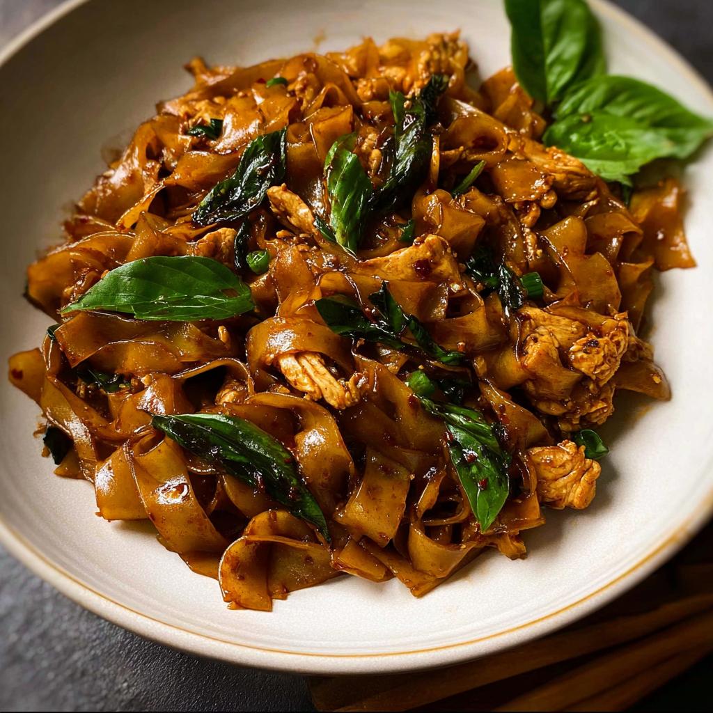 A close-up of a bowl of delicious Street Style Thai Drunken Noodles, featuring wide rice noodles, chicken, and fresh basil leaves.