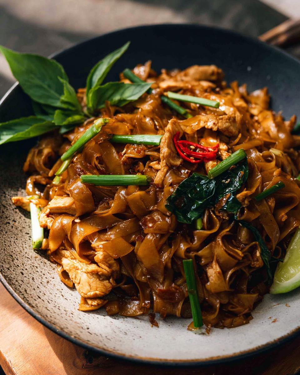 Close-up of delicious Street Style Thai Drunken Noodles with chicken, basil, and chili.