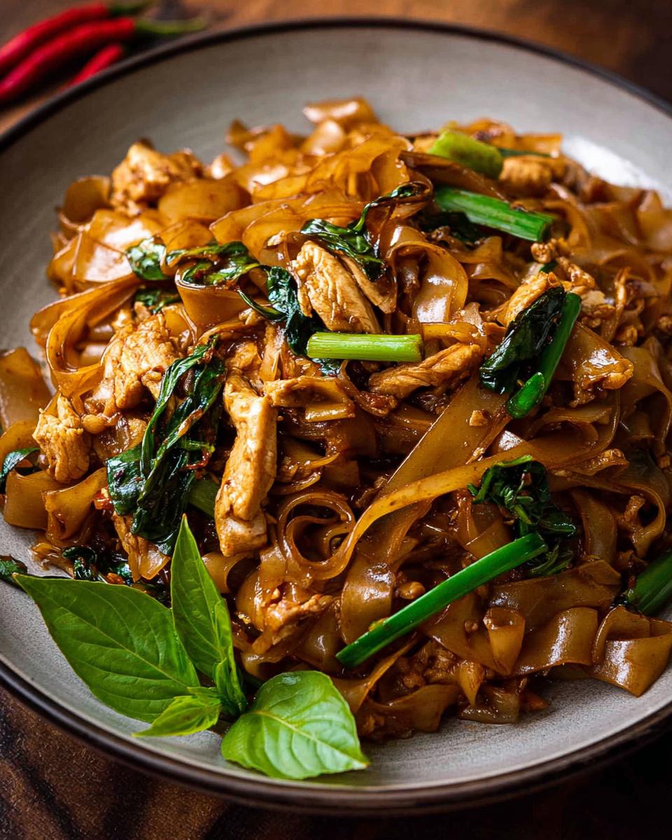 A close-up of a bowl of Street Style Thai Drunken Noodles with wide rice noodles, chicken, and green vegetables.