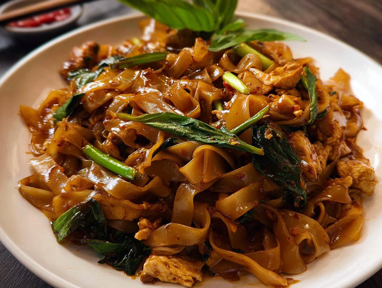 Close-up of a plate of delicious Street Style Thai Drunken Noodles with wide rice noodles, chicken, and fresh basil.