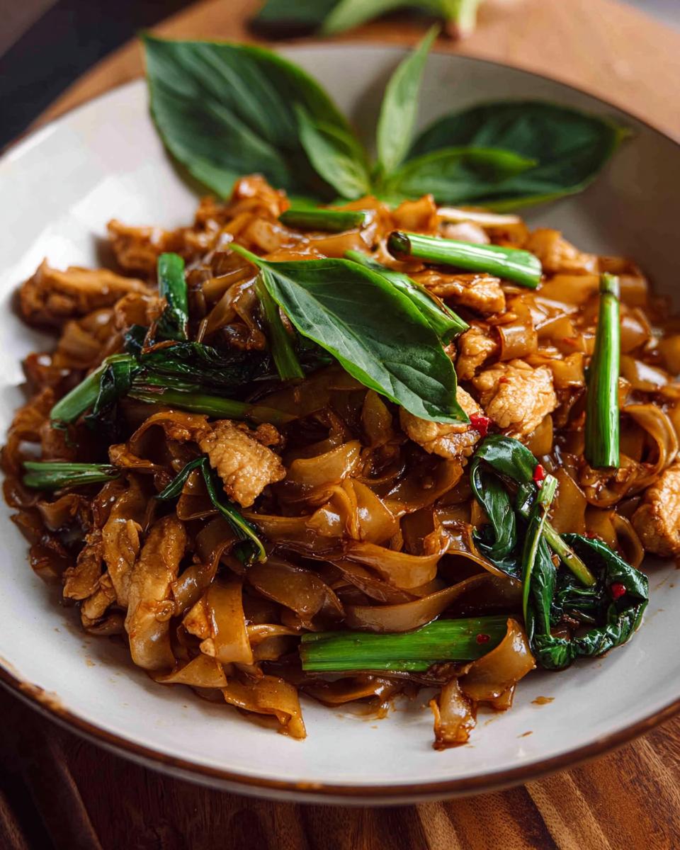 A close-up of a steaming plate of Street Style Thai Drunken Noodles with wide rice noodles, chicken, and fresh basil.