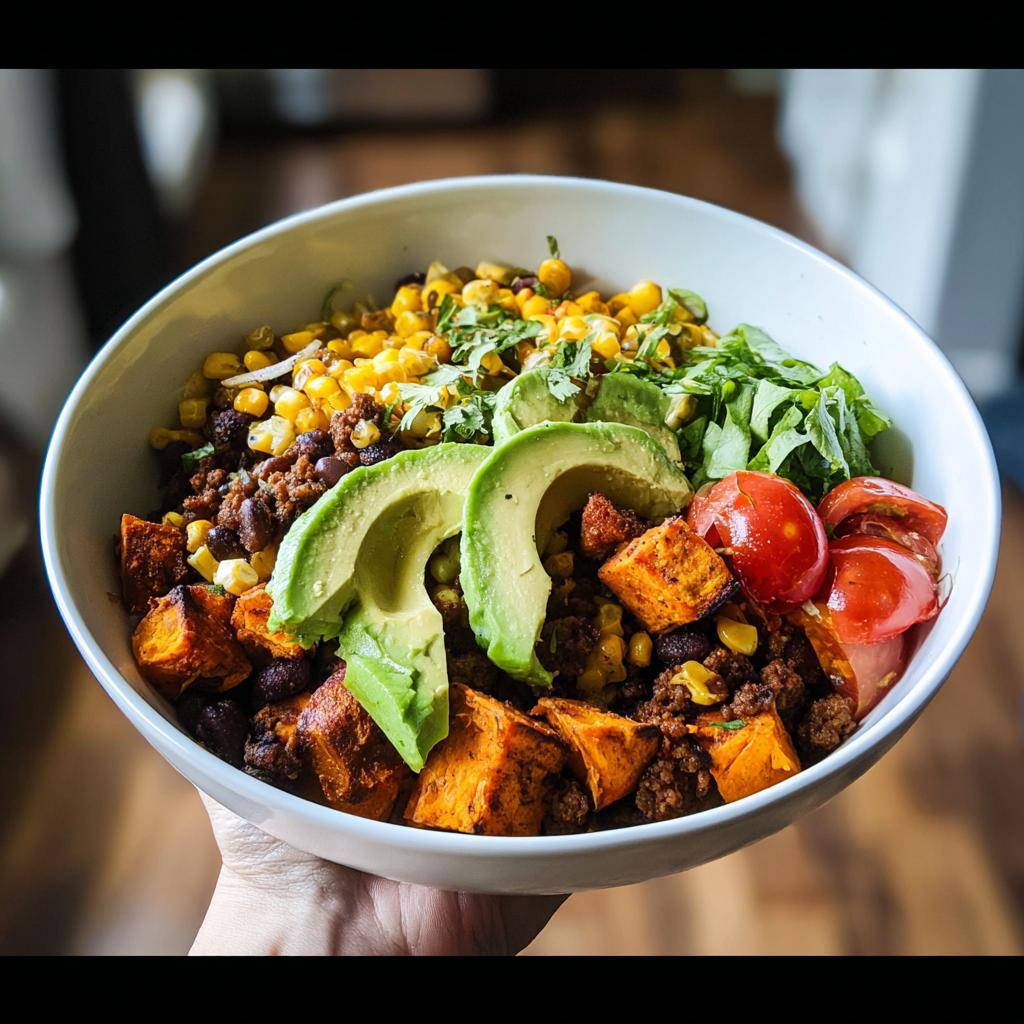 A vibrant Sweet Potato Taco Bowl filled with seasoned ground meat, black beans, corn, avocado slices, cherry tomatoes, and cilantro.