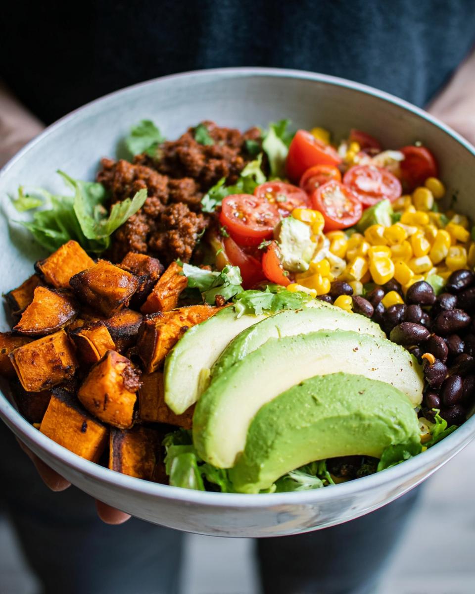 A vibrant Sweet Potato Taco Bowl filled with roasted sweet potatoes, seasoned ground meat, black beans, corn, tomatoes, and avocado slices.