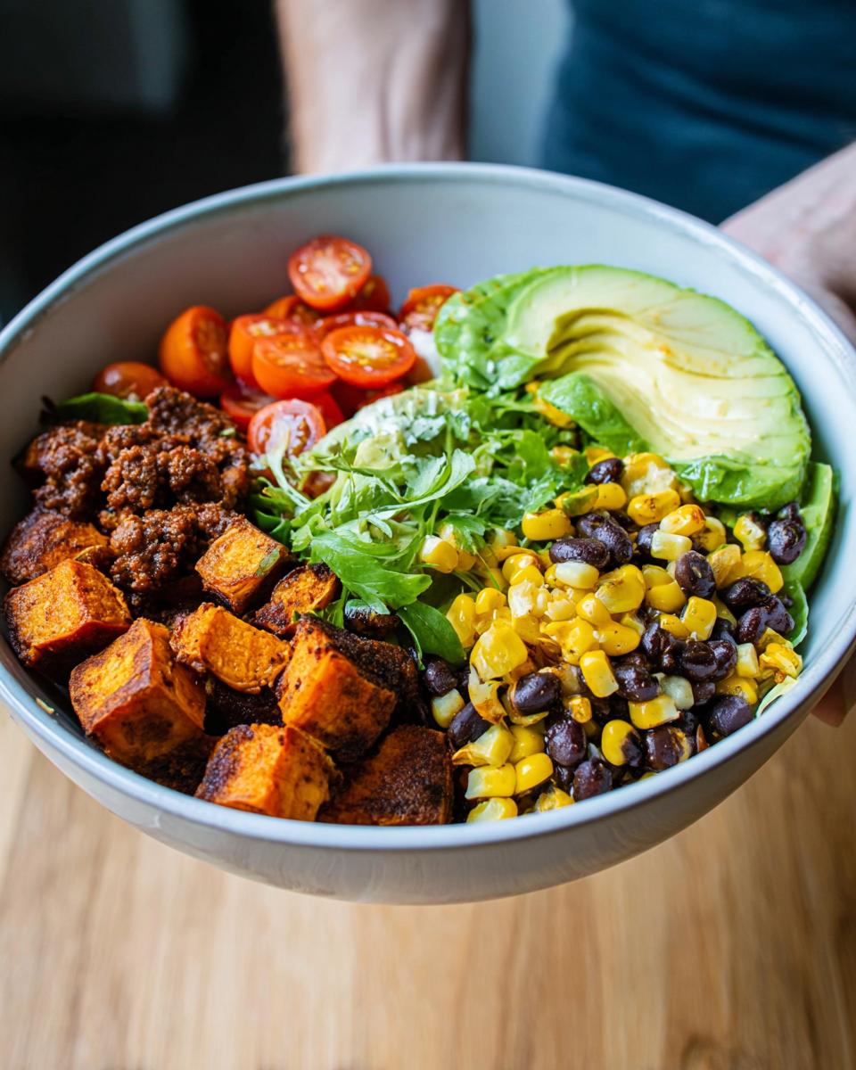 A vibrant Sweet Potato Taco Bowl filled with roasted sweet potatoes, black beans, corn, tomatoes, avocado, and greens.