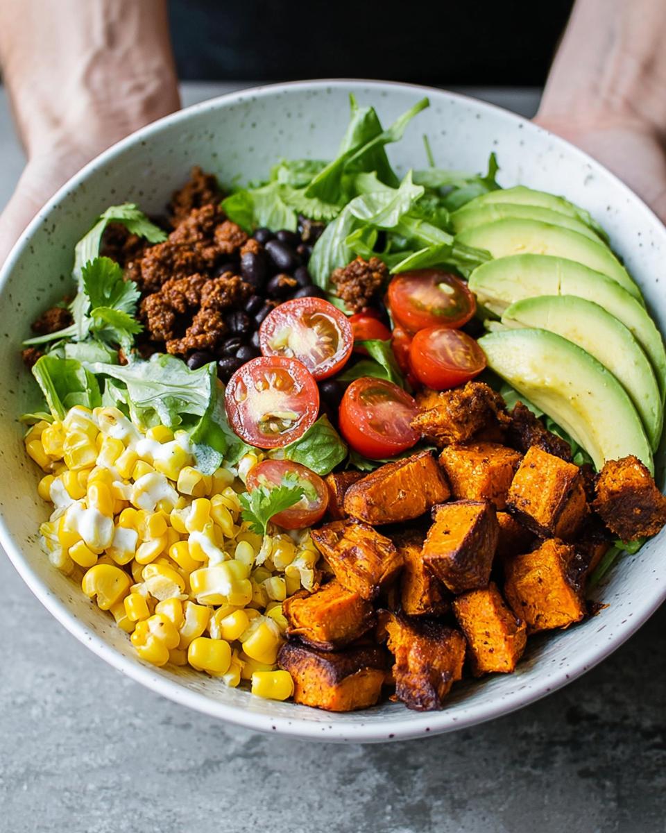 A vibrant Sweet Potato Taco Bowl filled with roasted sweet potatoes, corn, black beans, tomatoes, avocado, and ground meat.