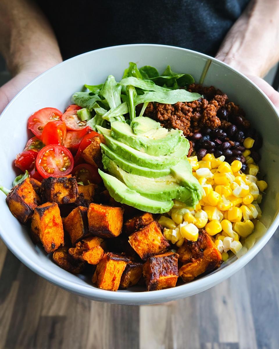 A vibrant Sweet Potato Taco Bowl filled with roasted sweet potatoes, black beans, corn, avocado, tomatoes, and ground meat.