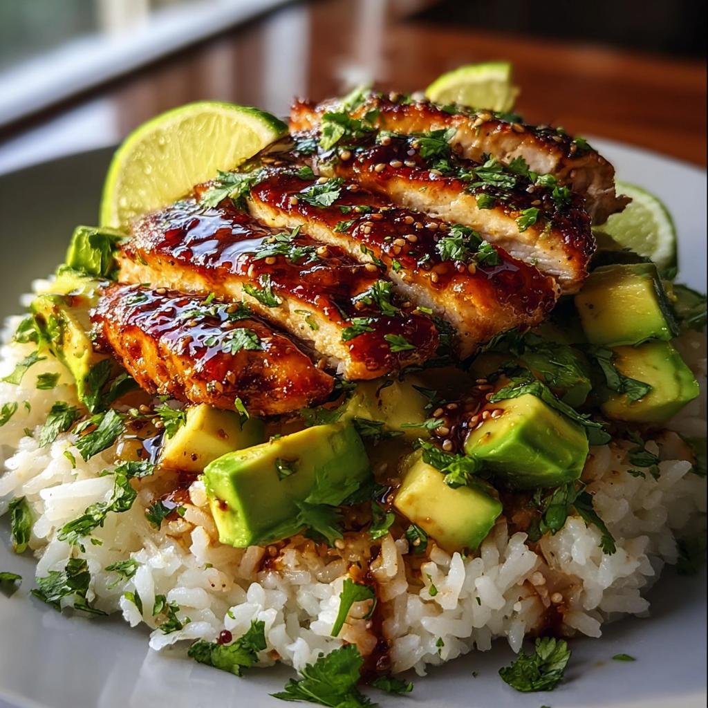 A delicious bowl of Tangy Honey Lime Chicken Delight, featuring sliced chicken breast over rice with diced avocado and lime wedges.