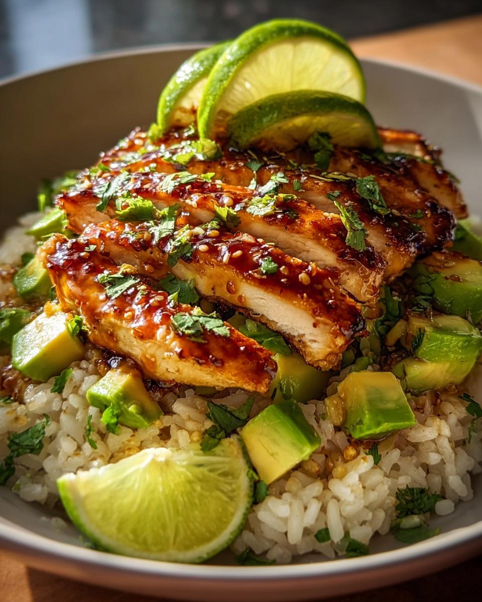 A close-up of Tangy Honey Lime Chicken Delight served over rice with avocado and lime slices.