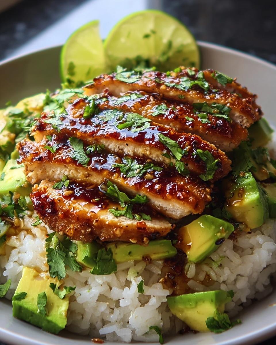 A bowl of Tangy Honey Lime Chicken Delight featuring sliced chicken, rice, avocado, and lime wedges.