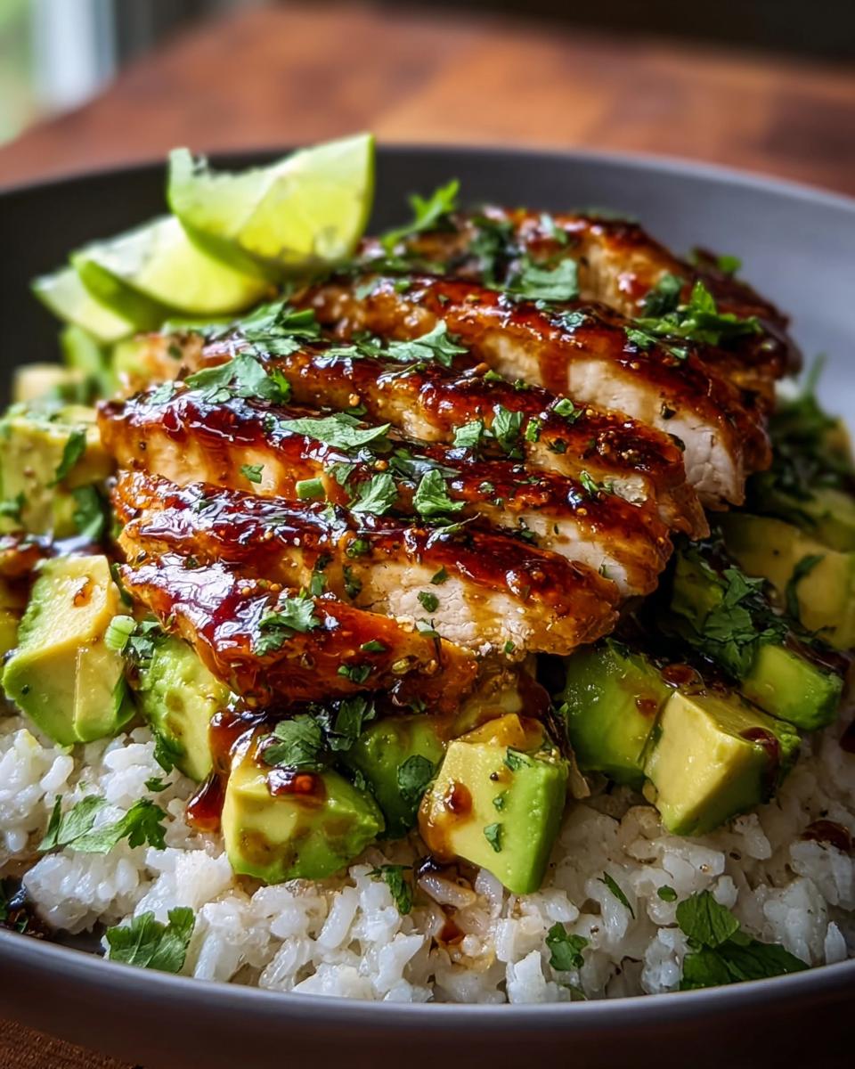Close-up of Tangy Honey Lime Chicken Delight served over rice with diced avocado and lime wedges.