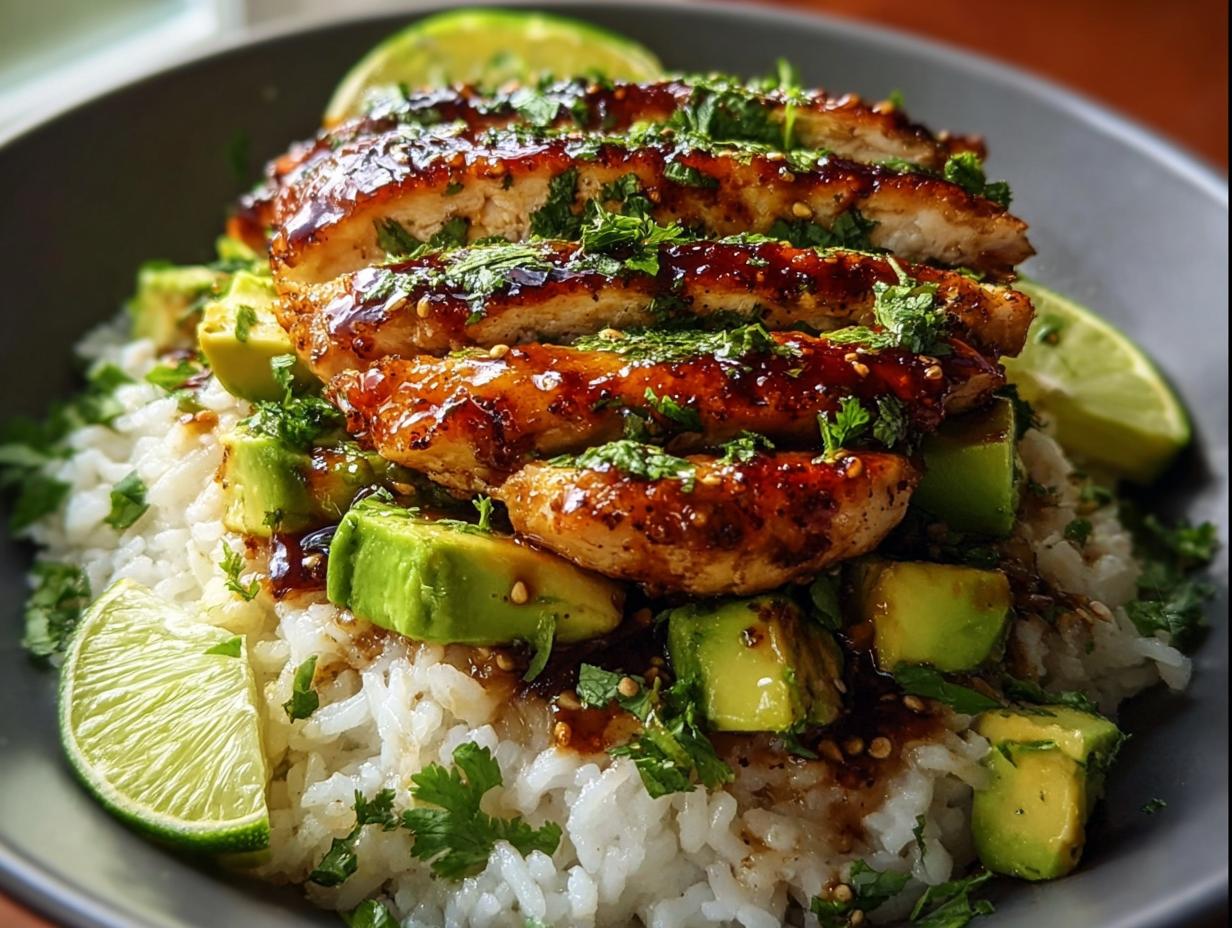 A bowl of Tangy Honey Lime Chicken Delight served over rice, topped with avocado, cilantro, and lime wedges.