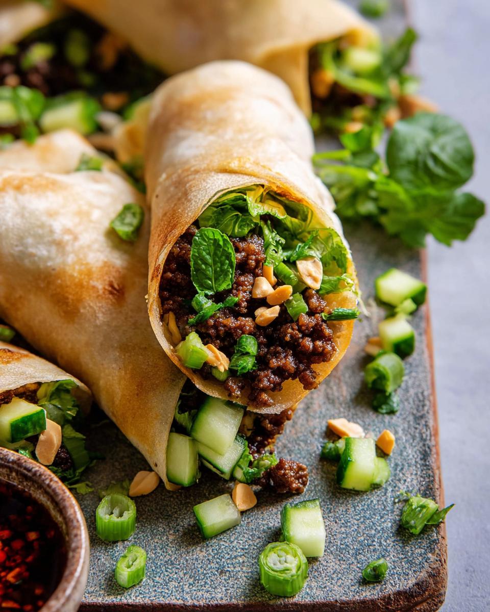 Close-up of delicious Thai Basil Beef Rolls filled with seasoned ground beef, fresh lettuce, mint, and topped with peanuts and scallions.