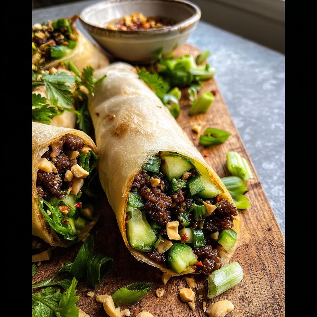 Close-up of delicious Thai Basil Beef Rolls filled with seasoned ground beef, cucumber, and green onions, topped with peanuts.