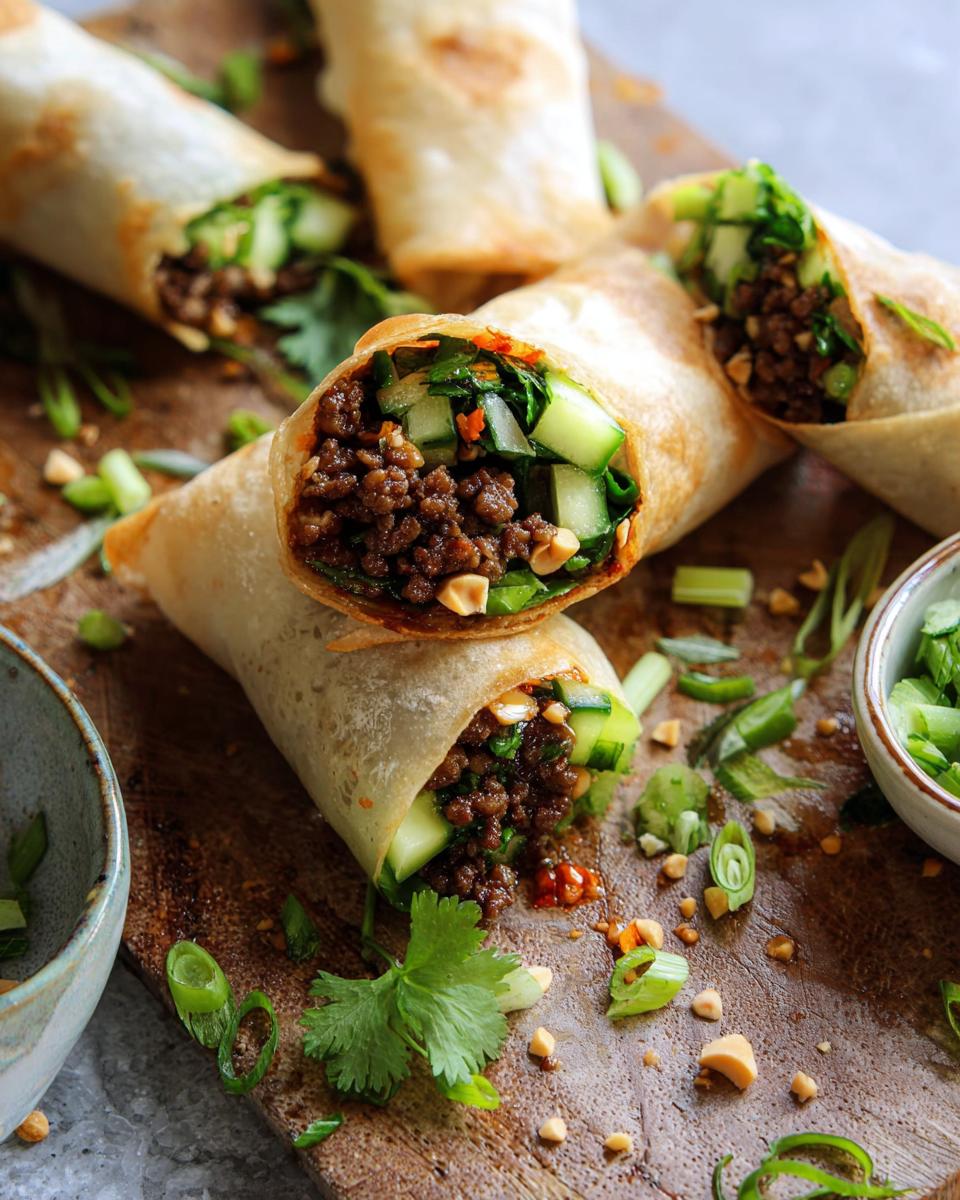 Close-up of golden-brown Thai Basil Beef Rolls filled with seasoned ground beef, fresh cucumber, and herbs.