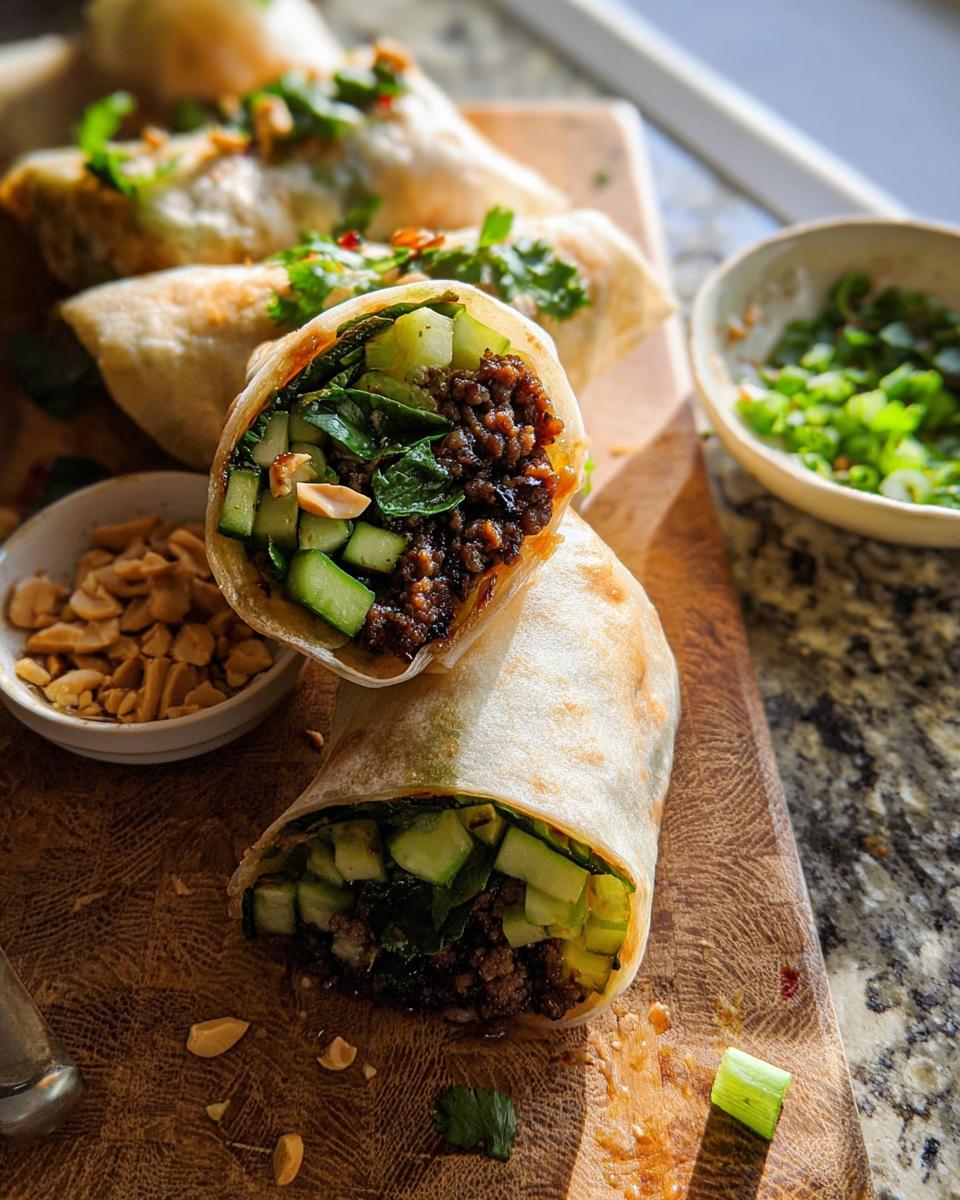 A cross-section of a Thai Basil Beef Roll revealing the savory beef filling, fresh cucumber, and greens, with chopped peanuts and scallions nearby.