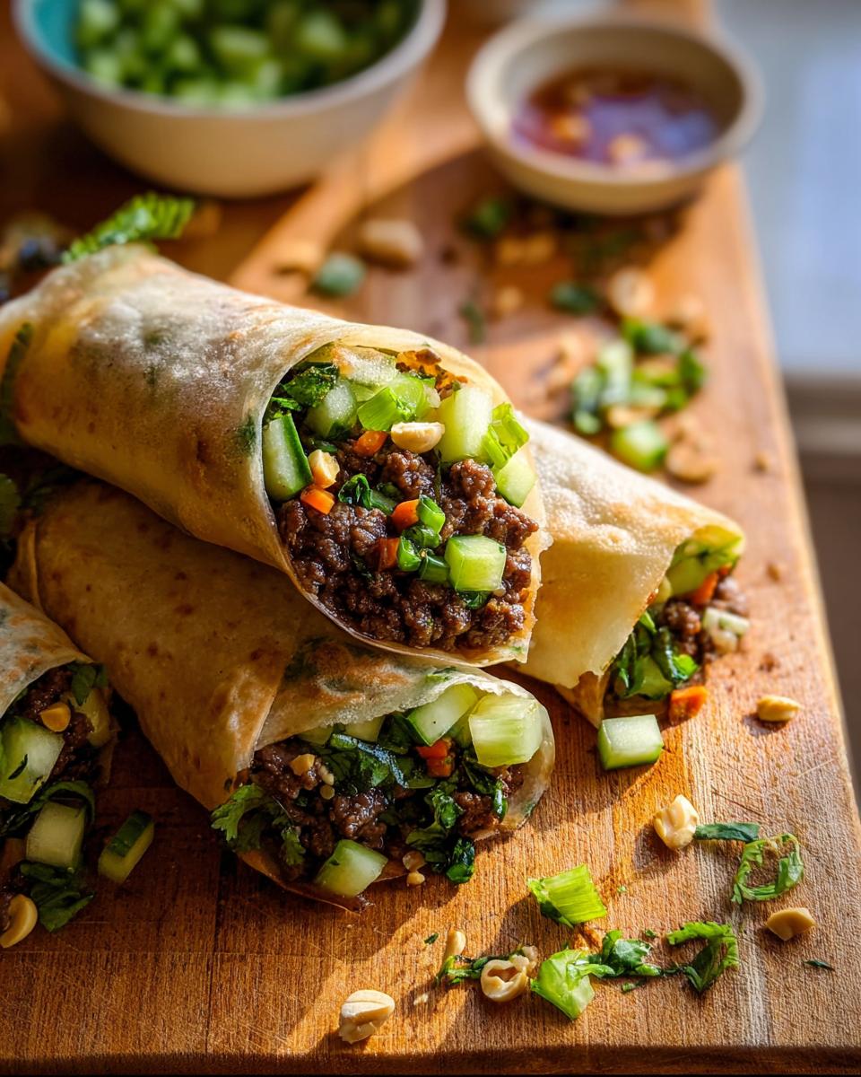 Close-up of Thai Basil Beef Rolls filled with seasoned ground beef, fresh cucumber, and herbs, garnished with peanuts.
