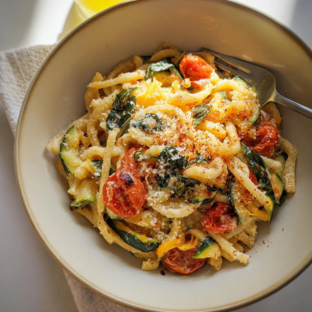 A close-up of a bowl of Tomato Zucchini Pasta, featuring pasta, cherry tomatoes, and zucchini slices, topped with Parmesan cheese.