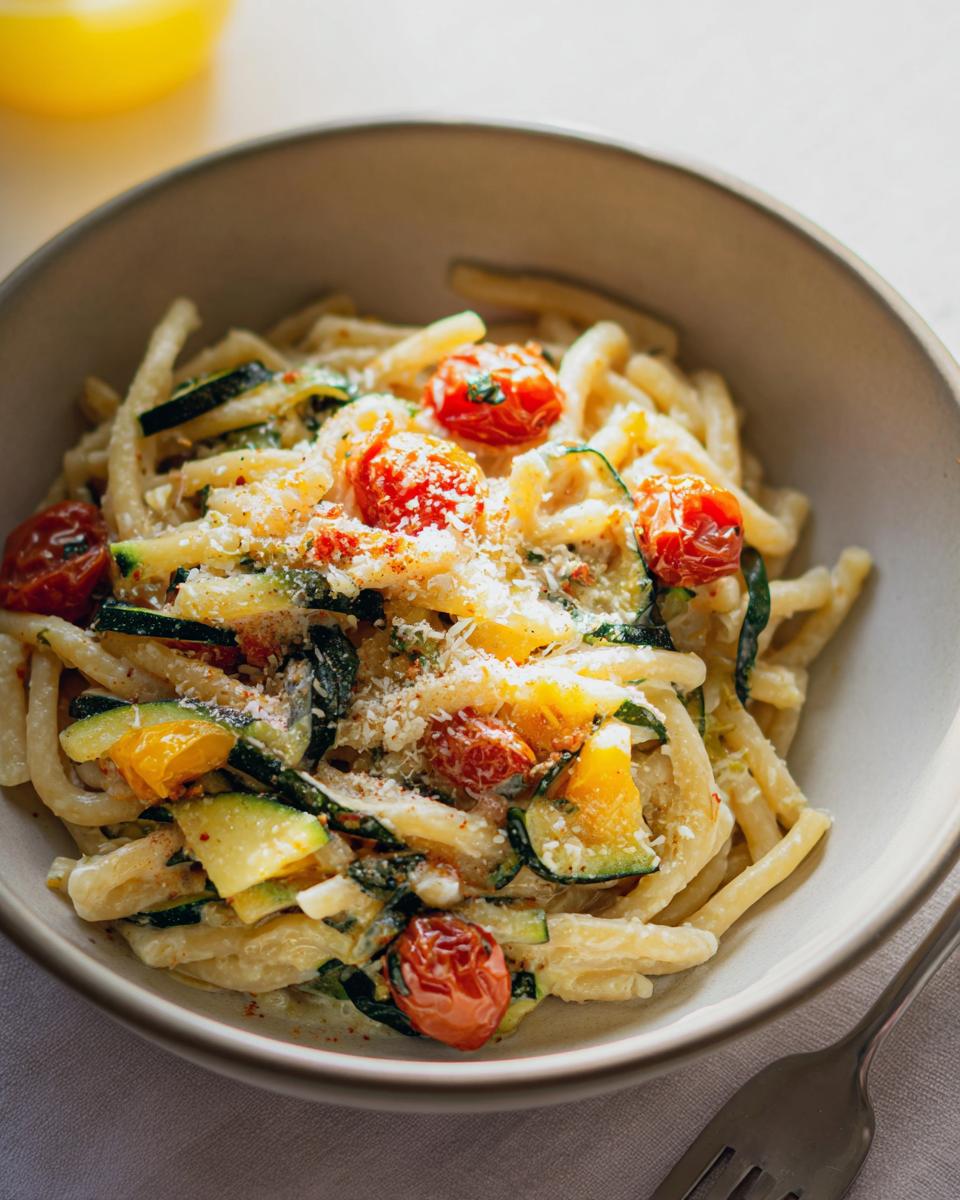 A close-up of a bowl of Tomato Zucchini Pasta, showcasing the pasta, cherry tomatoes, and zucchini.