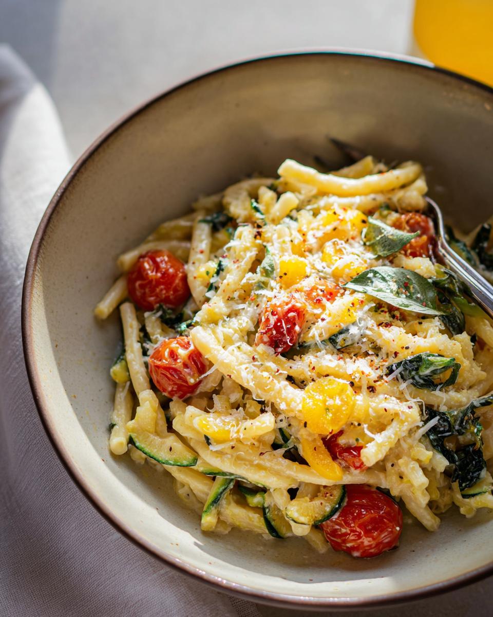 A close-up of a bowl of Tomato Zucchini Pasta, featuring pasta, cherry tomatoes, zucchini slices, and grated cheese.