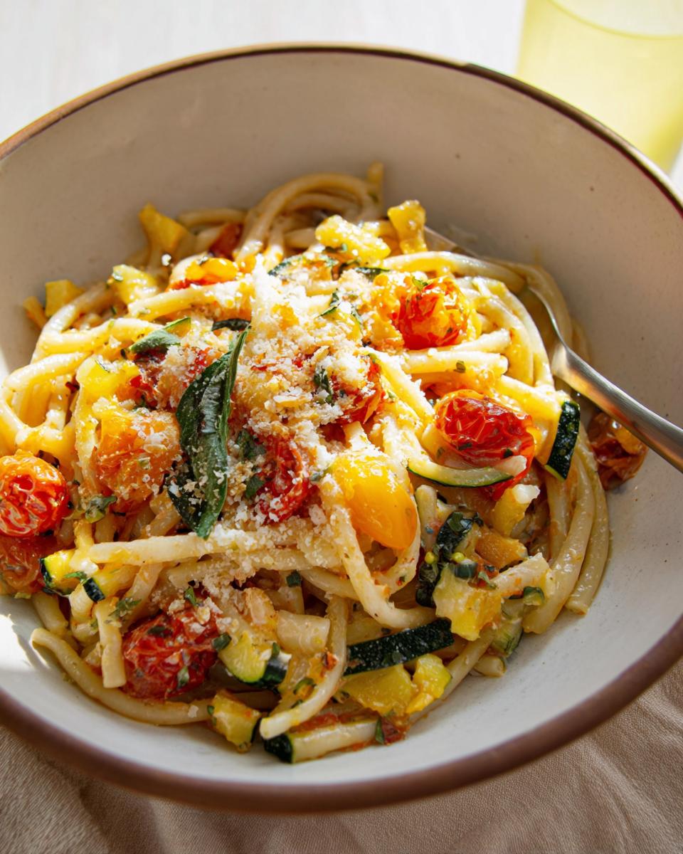 A bowl of Tomato Zucchini Pasta topped with grated cheese and herbs.