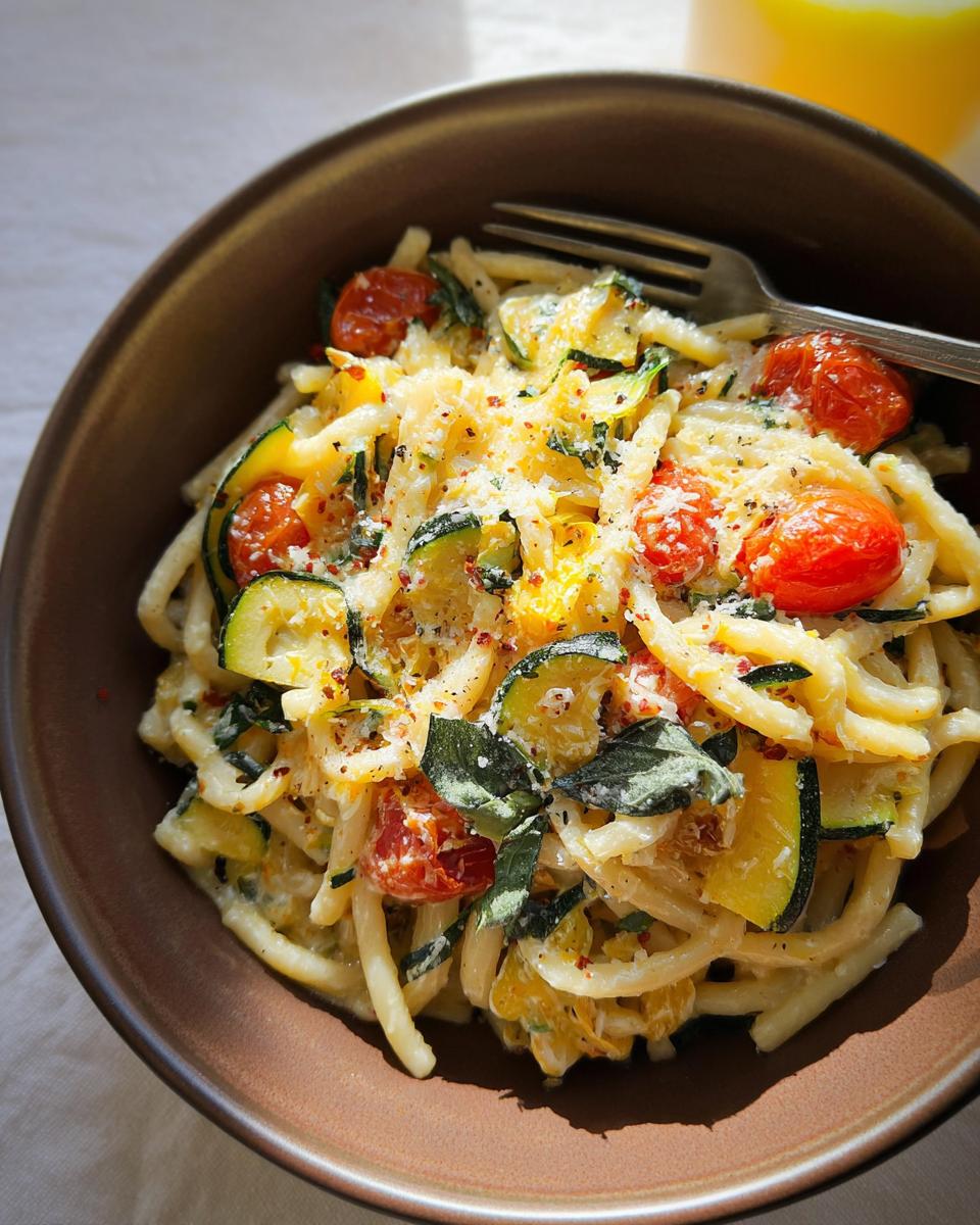 A close-up of a bowl of Tomato Zucchini Pasta, featuring pasta, cherry tomatoes, and zucchini slices, topped with cheese and herbs.