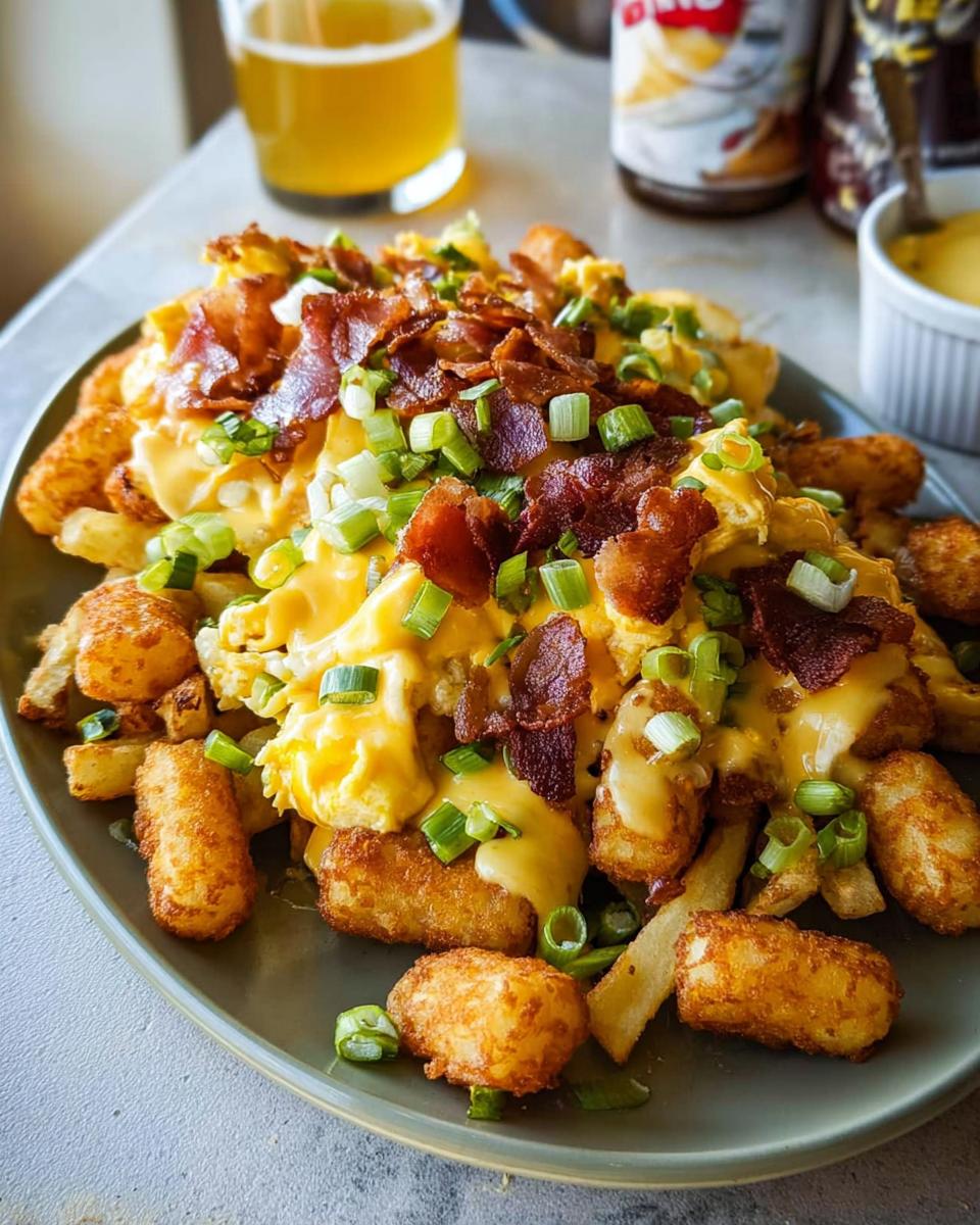 A plate piled high with Ultimate Breakfast Poutine, featuring crispy tater tots, scrambled eggs, melted cheese, bacon, and green onions.