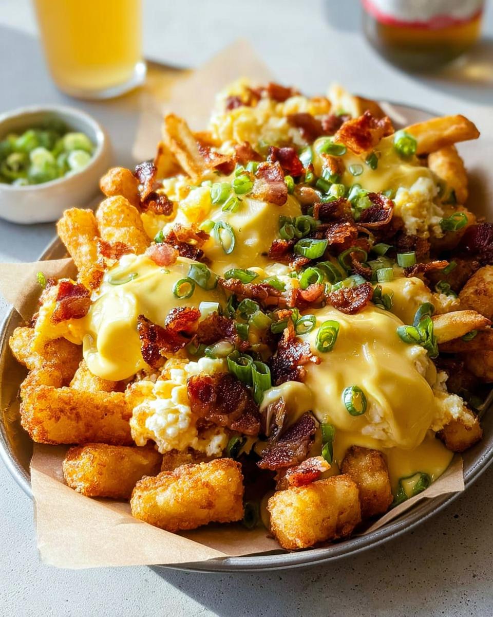 A hearty plate of Ultimate Breakfast Poutine topped with creamy hollandaise sauce, crispy bacon, and green onions.