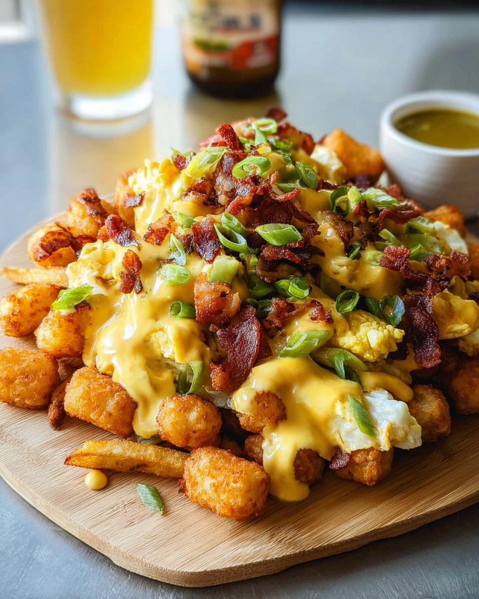 A generous serving of Ultimate Breakfast Poutine, featuring crispy tater tots, scrambled eggs, bacon, and creamy hollandaise sauce.