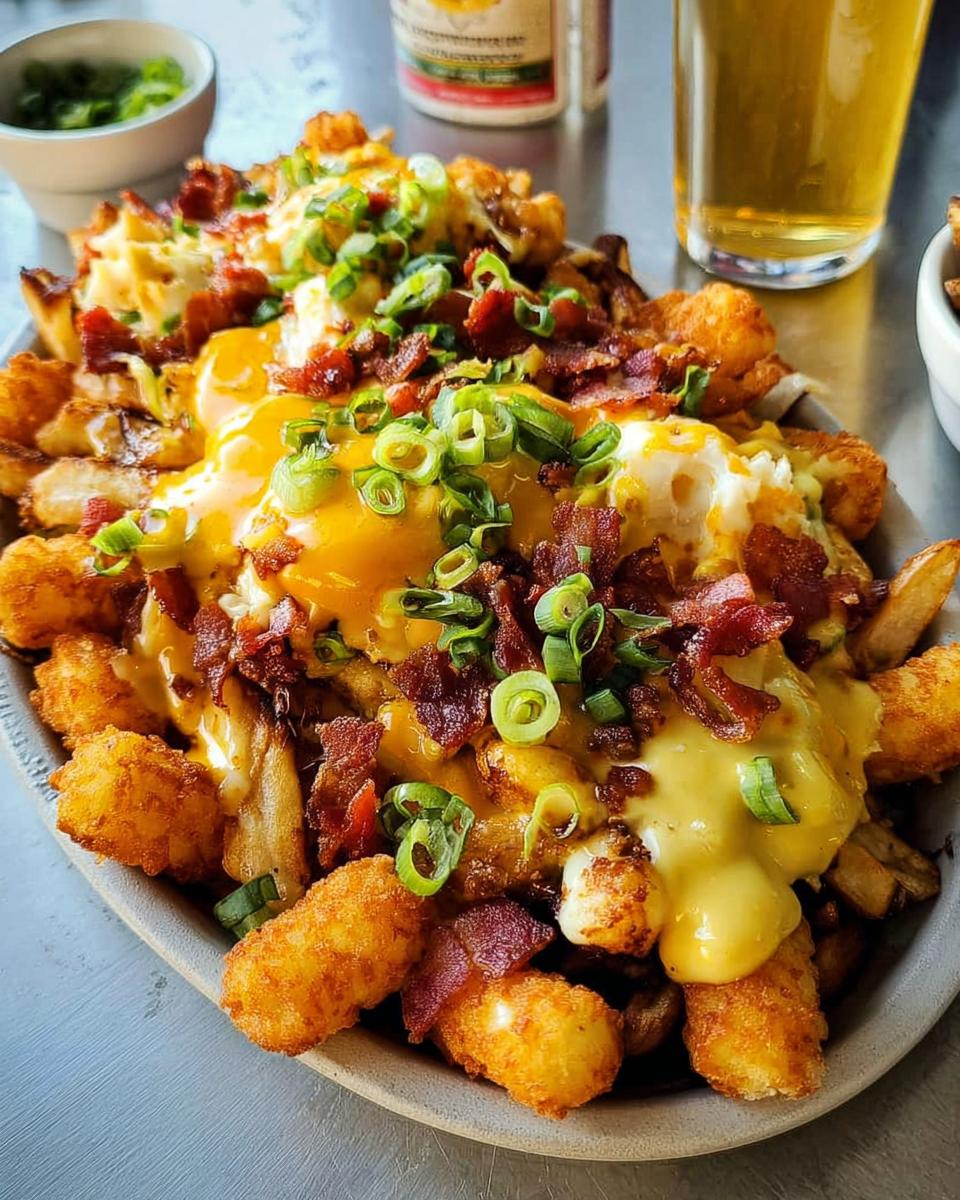 A close-up of Ultimate Breakfast Poutine topped with creamy hollandaise sauce, bacon, cheese, and green onions.