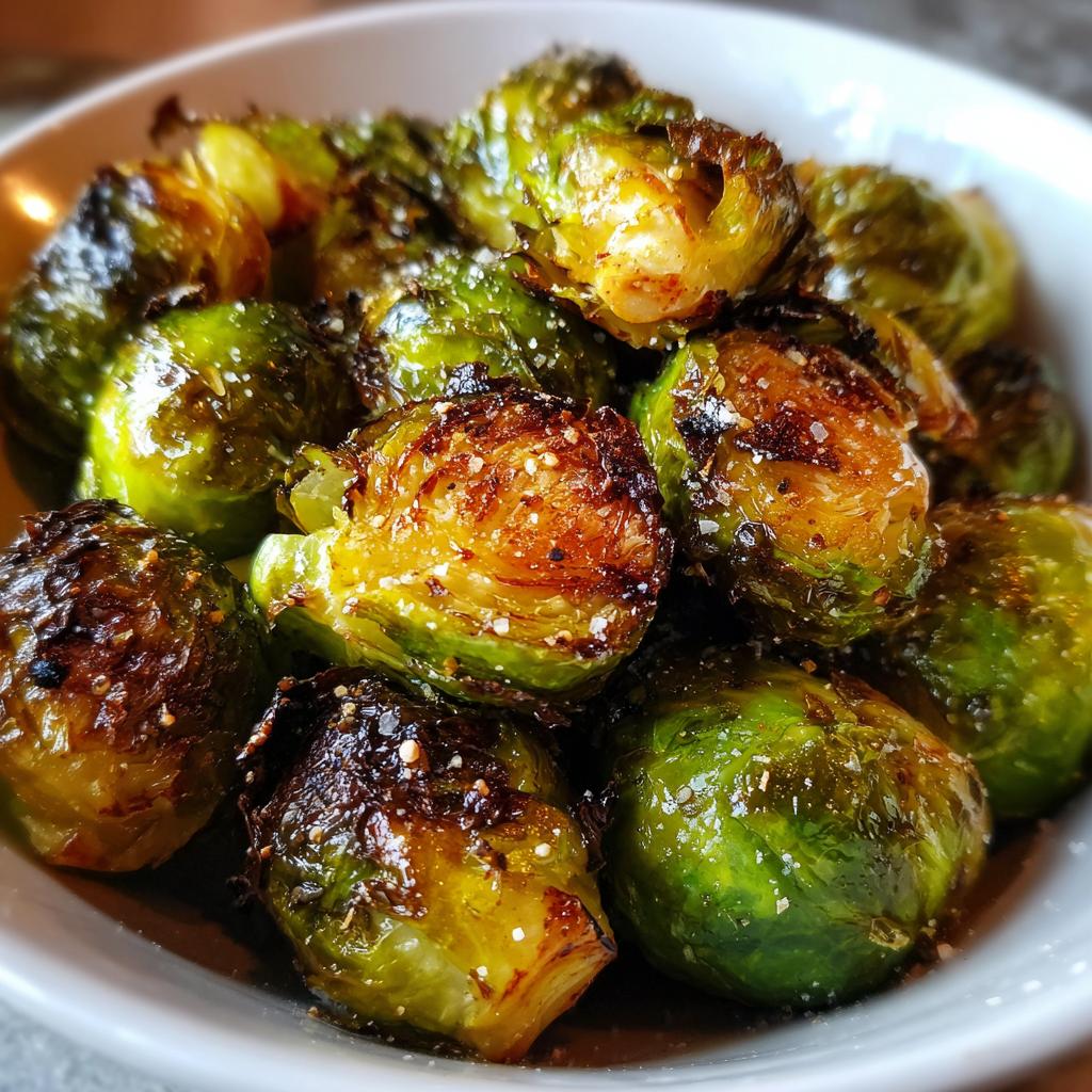 Close-up of perfectly air fryer brussels sprouts, showing their crisp, caramelized texture and seasoning.