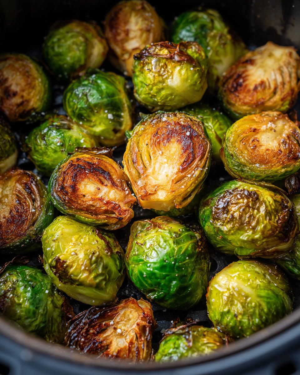 Close-up of perfectly cooked air fryer brussels sprouts, showing crisp, caramelized edges and vibrant green leaves.