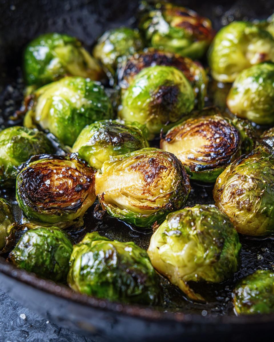 Close-up of perfectly air fryer brussels sprouts, crisp and caramelized with visible salt.